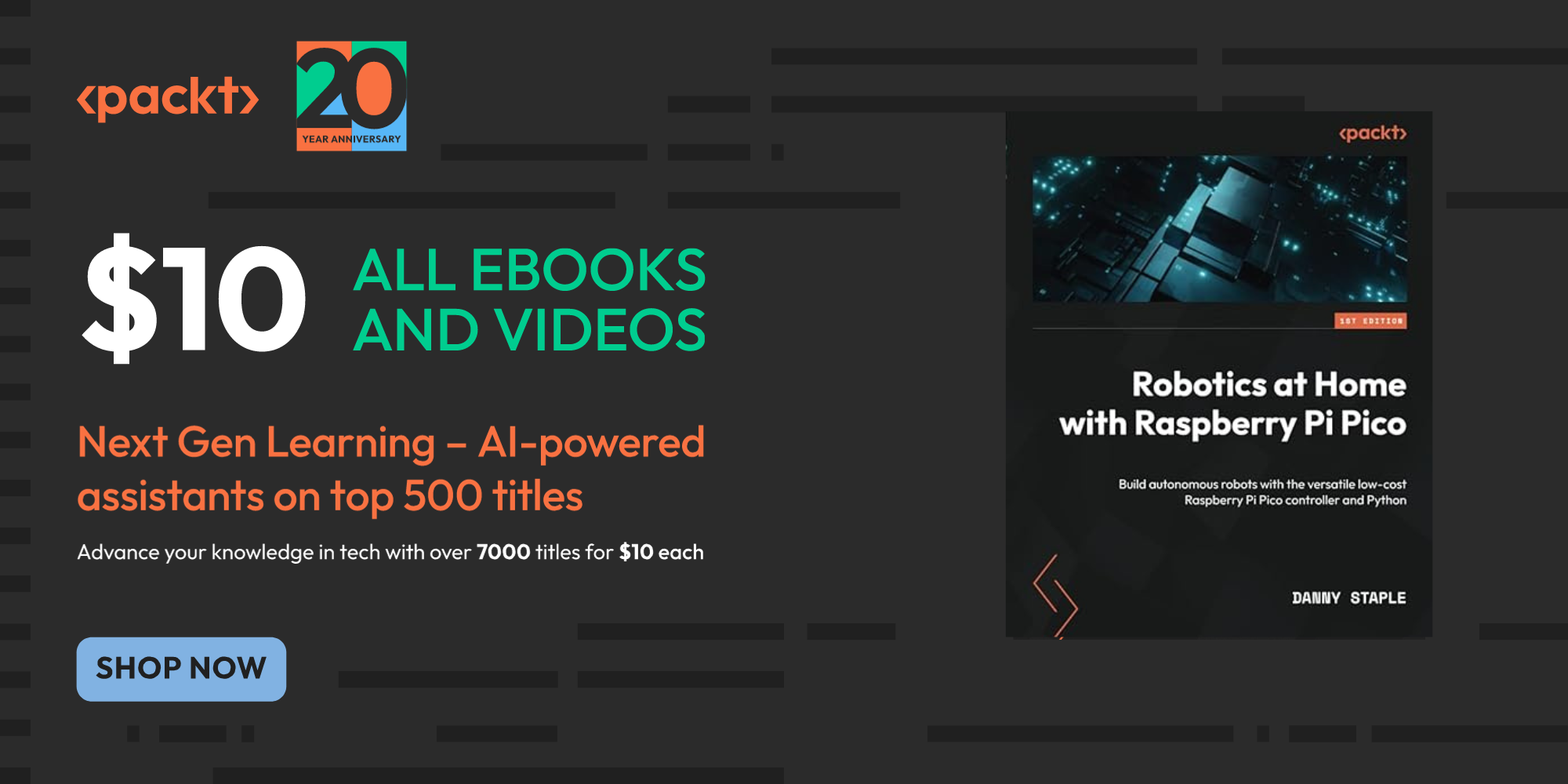 Robotics Ebook banner $10 for all eBooks and Videos - Robotics at Home with Raspberry Pi Pico