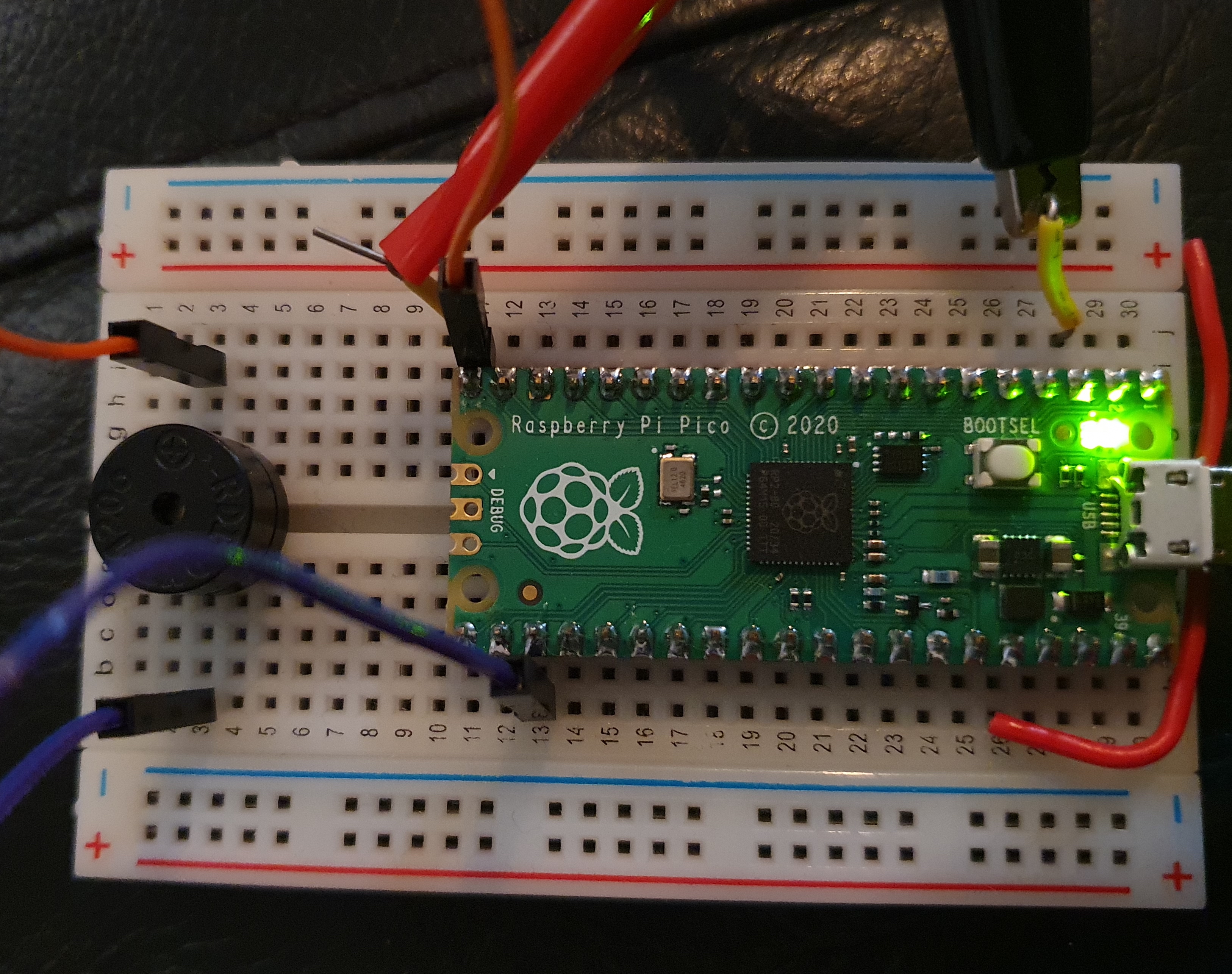 Breadboard with beeper connected
